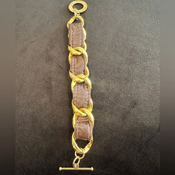 CC Skye Gold Brown Chain Link Leather Bracelet - Picture 2 of 6